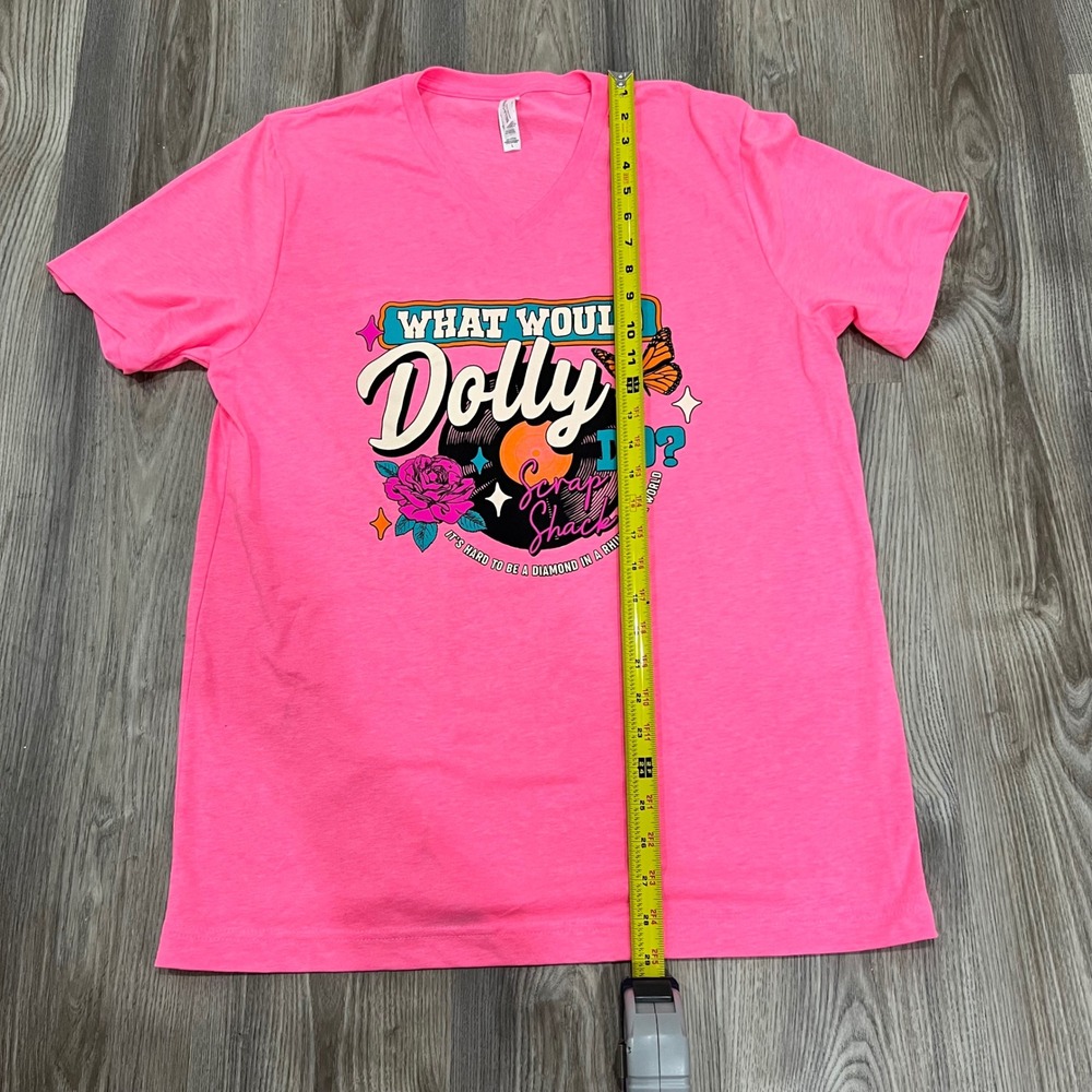 Bella + Canvas What Would Dolly Do Graphic V-Neck Tee Neon Pink Large - Picture 3 of 6